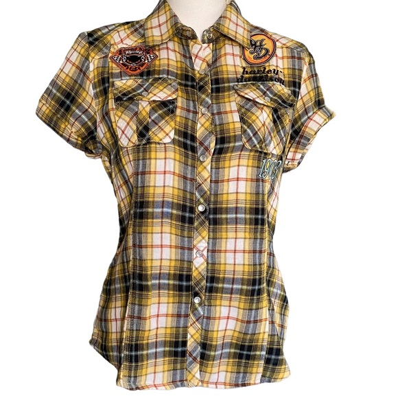Harley-Davidson Tops - Harley Davidson Pearl Snap Plaid Mechanic’s Shirt w patches and embroidery